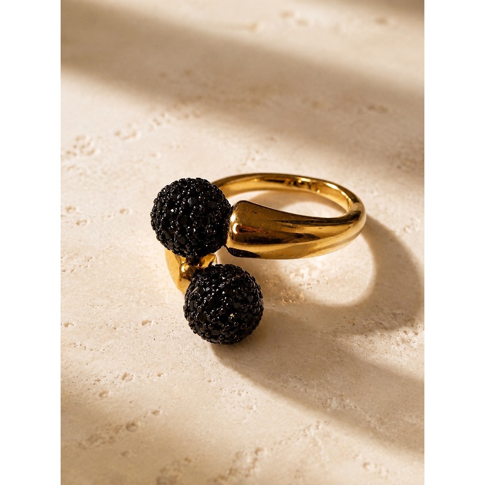 Noir Gold Tone Black Pave Crystal Sphere Bypass Ring Size 7 Classic Glam